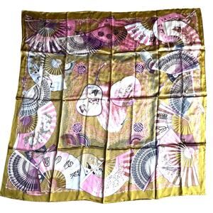 Pure silk scarf large square luxurious feel Asian fans motif sage green & pink